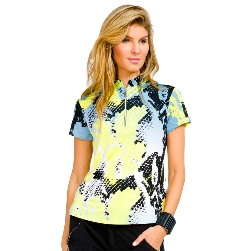 JAMIE SADOCK Boa Print Top Shirt Quarter Zip Short Sleeve Polo Sz M